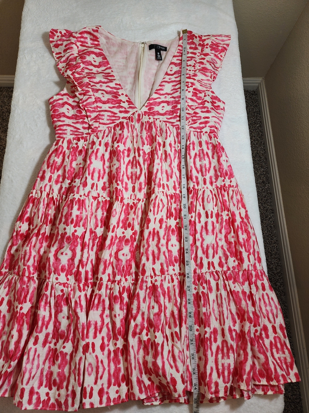 AQUA Pink White Ikat Print Tiered Mini Dress Ruffle Sleeve V-Neck Size M - Picture 7 of 12